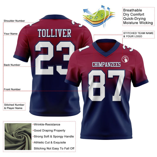 Custom Maroon White-Navy Mesh Authentic Fade Fashion Football Jersey