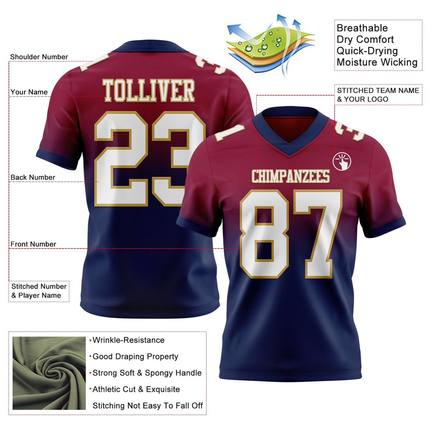 Custom Maroon White Navy-Old Gold Mesh Authentic Fade Fashion Football Jersey