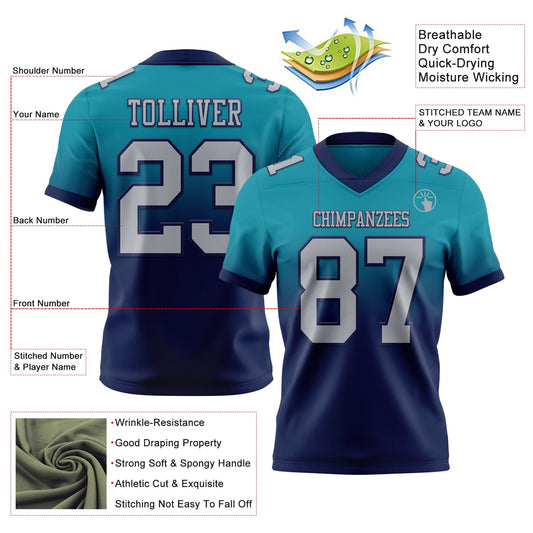 Custom Teal Gray-Navy Mesh Authentic Fade Fashion Football Jersey