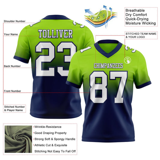 Custom Neon Green White-Navy Mesh Authentic Fade Fashion Football Jersey