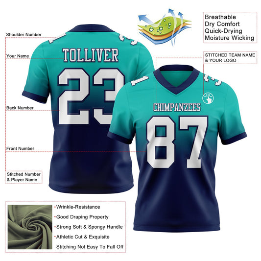 Custom Aqua White-Navy Mesh Authentic Fade Fashion Football Jersey