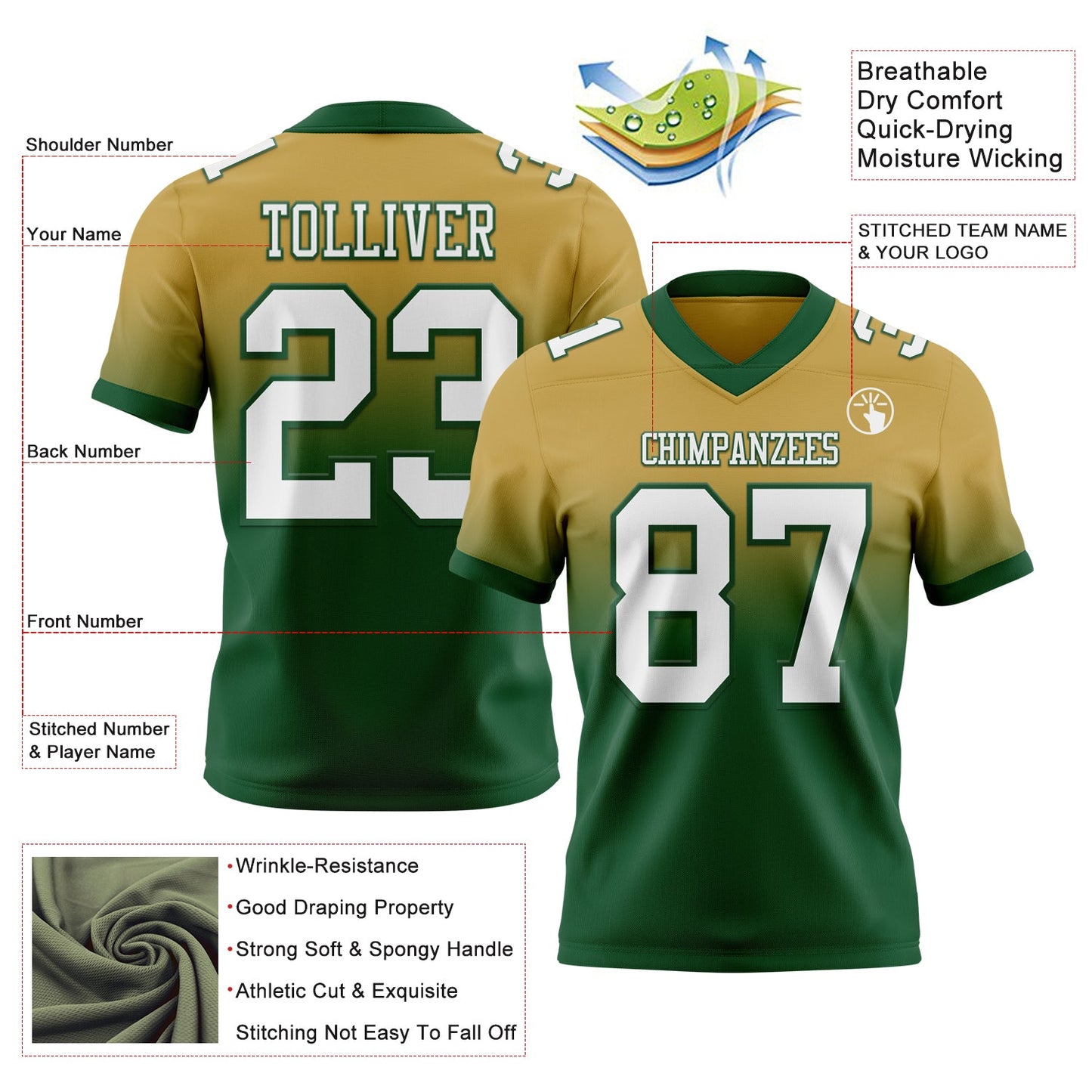 Custom Old Gold White-Green Mesh Authentic Fade Fashion Football Jersey