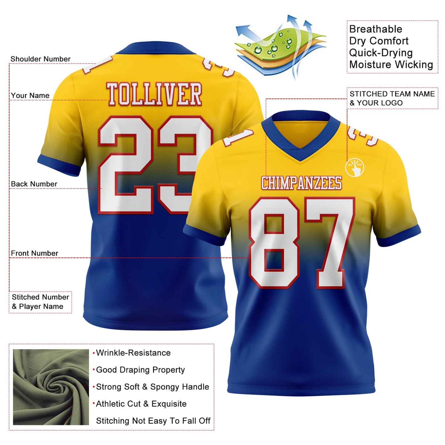 Custom Yellow White Royal-Red Mesh Authentic Fade Fashion Football Jersey