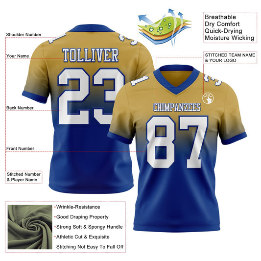 Custom Old Gold White-Royal Mesh Authentic Fade Fashion Football Jersey