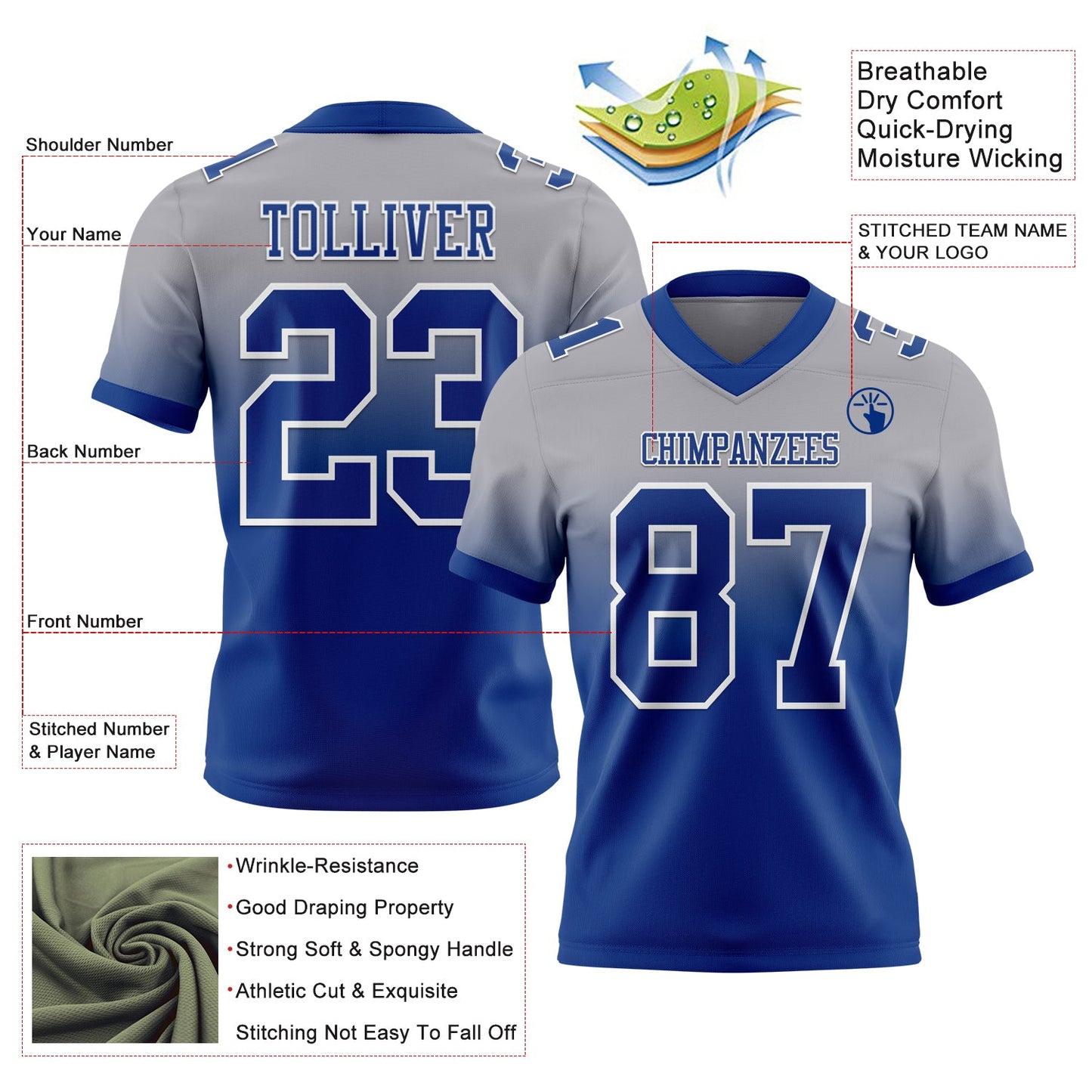 Custom Gray Royal-White Mesh Authentic Fade Fashion Football Jersey