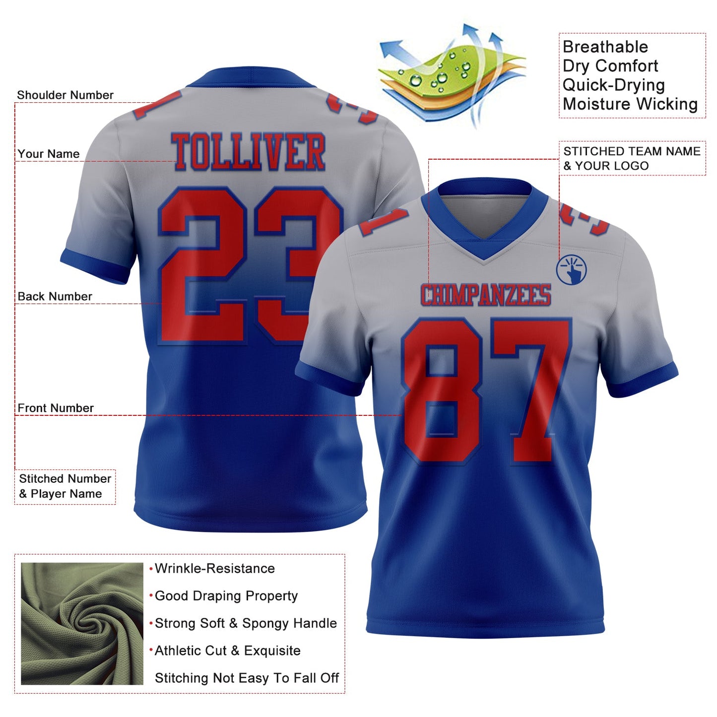 Custom Gray Red-Royal Mesh Authentic Fade Fashion Football Jersey