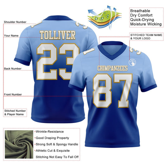 Custom Light Blue White Royal-Old Gold Mesh Authentic Fade Fashion Football Jersey