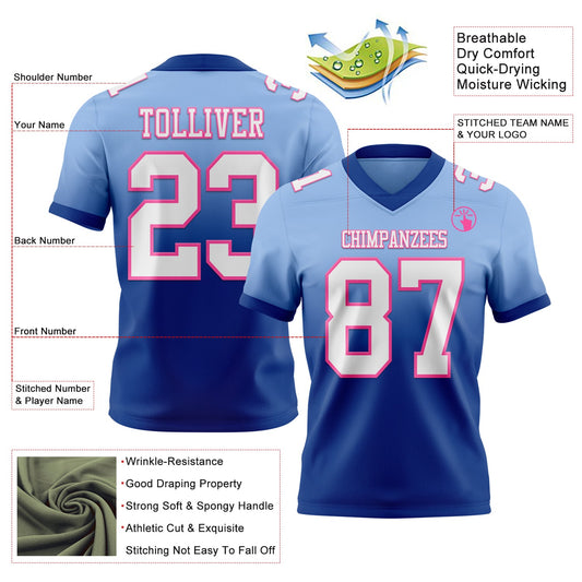 Custom Light Blue White Royal-Pink Mesh Authentic Fade Fashion Football Jersey