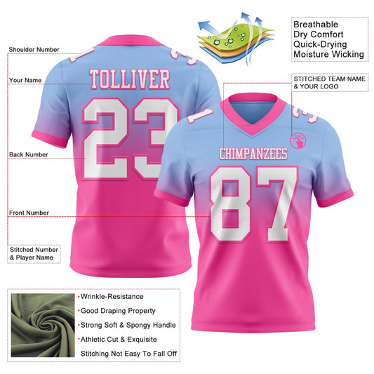 Custom Light Blue White-Pink Mesh Authentic Fade Fashion Football Jersey