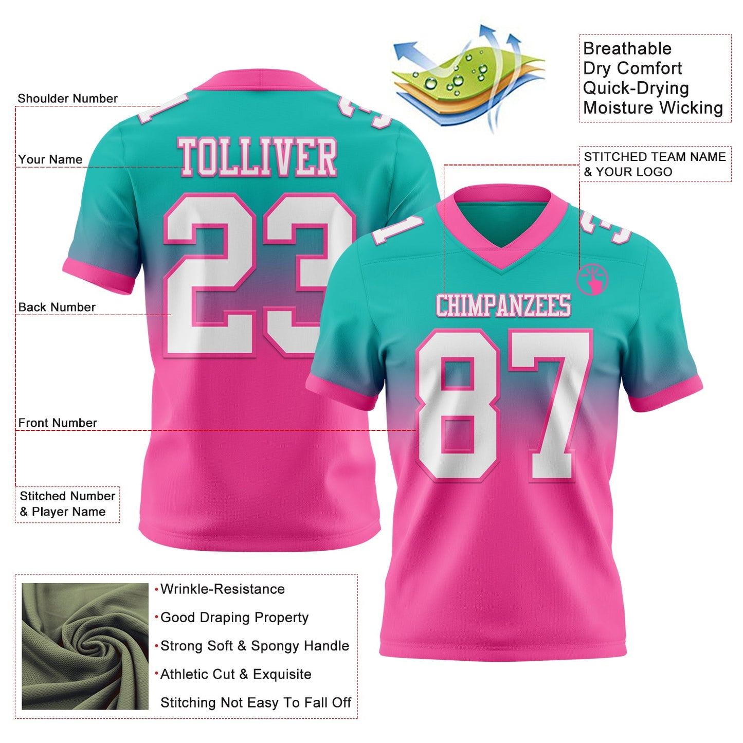 Custom Aqua White-Pink Mesh Authentic Fade Fashion Football Jersey