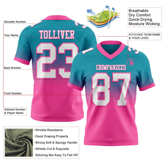 Custom Teal White-Pink Mesh Authentic Fade Fashion Football Jersey