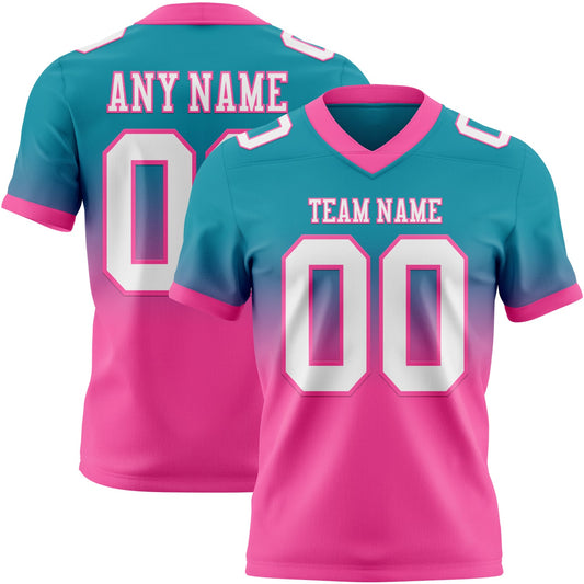 Custom Teal White-Pink Mesh Authentic Fade Fashion Football Jersey