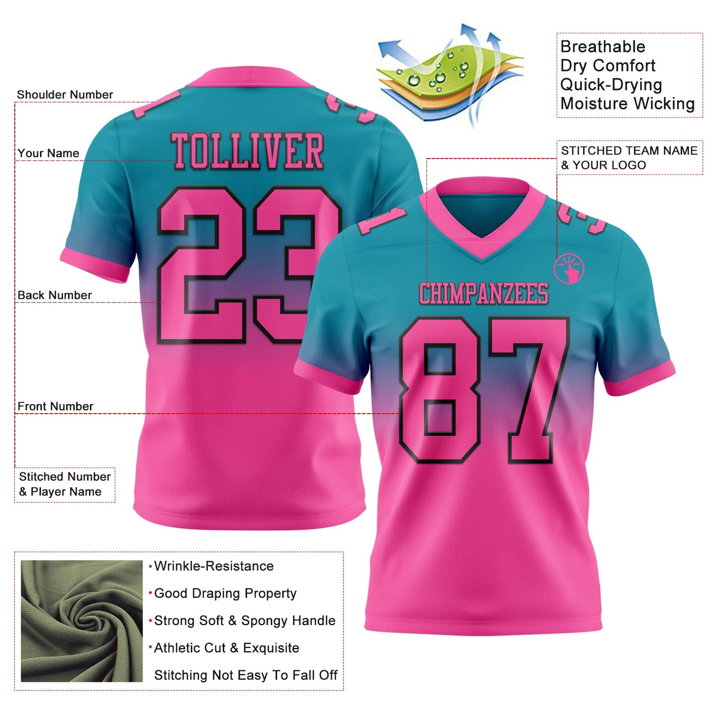Custom Teal Pink-Black Mesh Authentic Fade Fashion Football Jersey