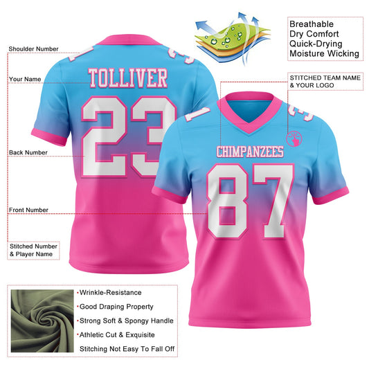 Custom Sky Blue White-Pink Mesh Authentic Fade Fashion Football Jersey