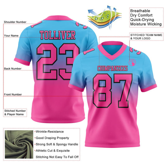 Custom Sky Blue Pink-Black Mesh Authentic Fade Fashion Football Jersey