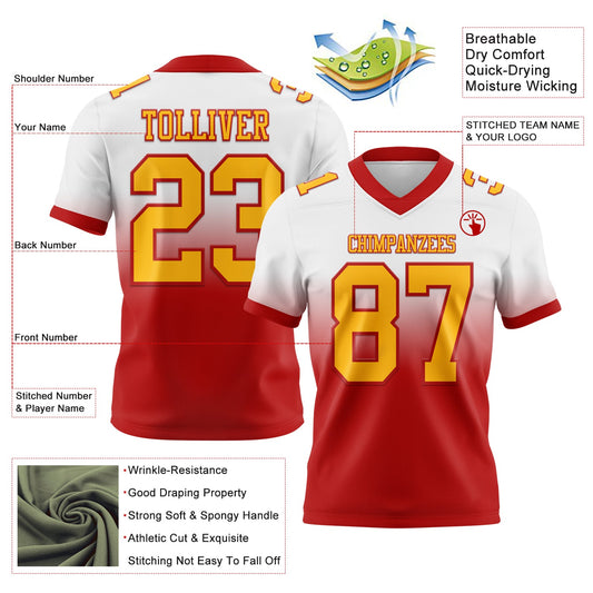 Custom White Gold-Red Mesh Authentic Fade Fashion Football Jersey