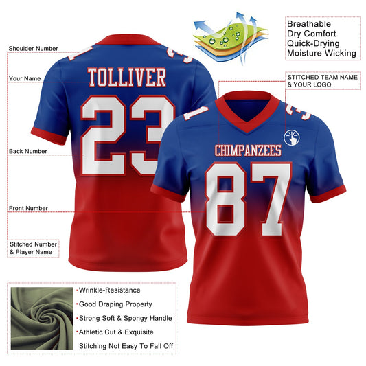 Custom Royal White-Red Mesh Authentic Fade Fashion Football Jersey