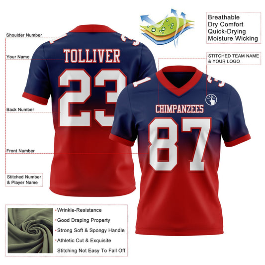 Custom Navy White-Red Mesh Authentic Fade Fashion Football Jersey
