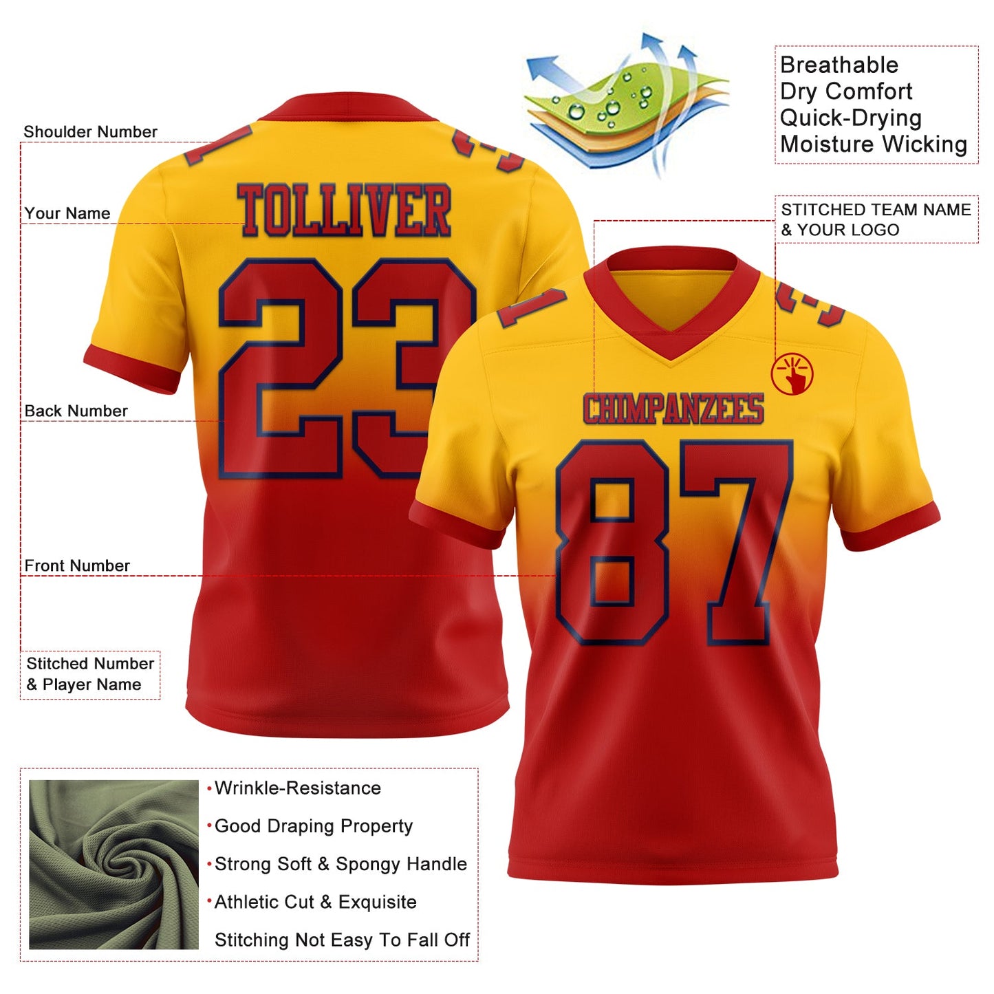 Custom Gold Red-Navy Mesh Authentic Fade Fashion Football Jersey