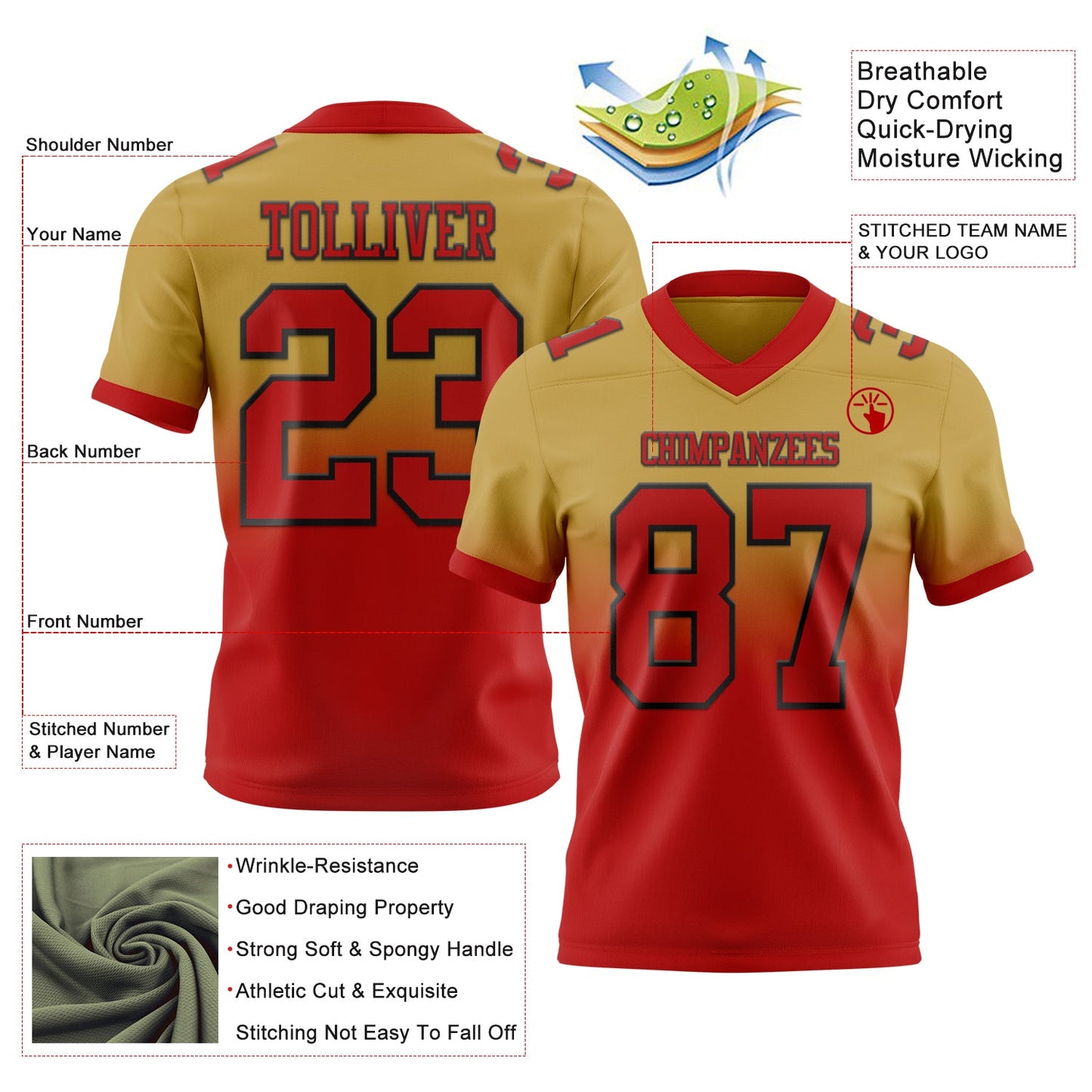 Custom Old Gold White-Black Mesh Authentic Fade Fashion Football Jersey