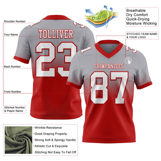 Custom Gray White-Red Mesh Authentic Fade Fashion Football Jersey