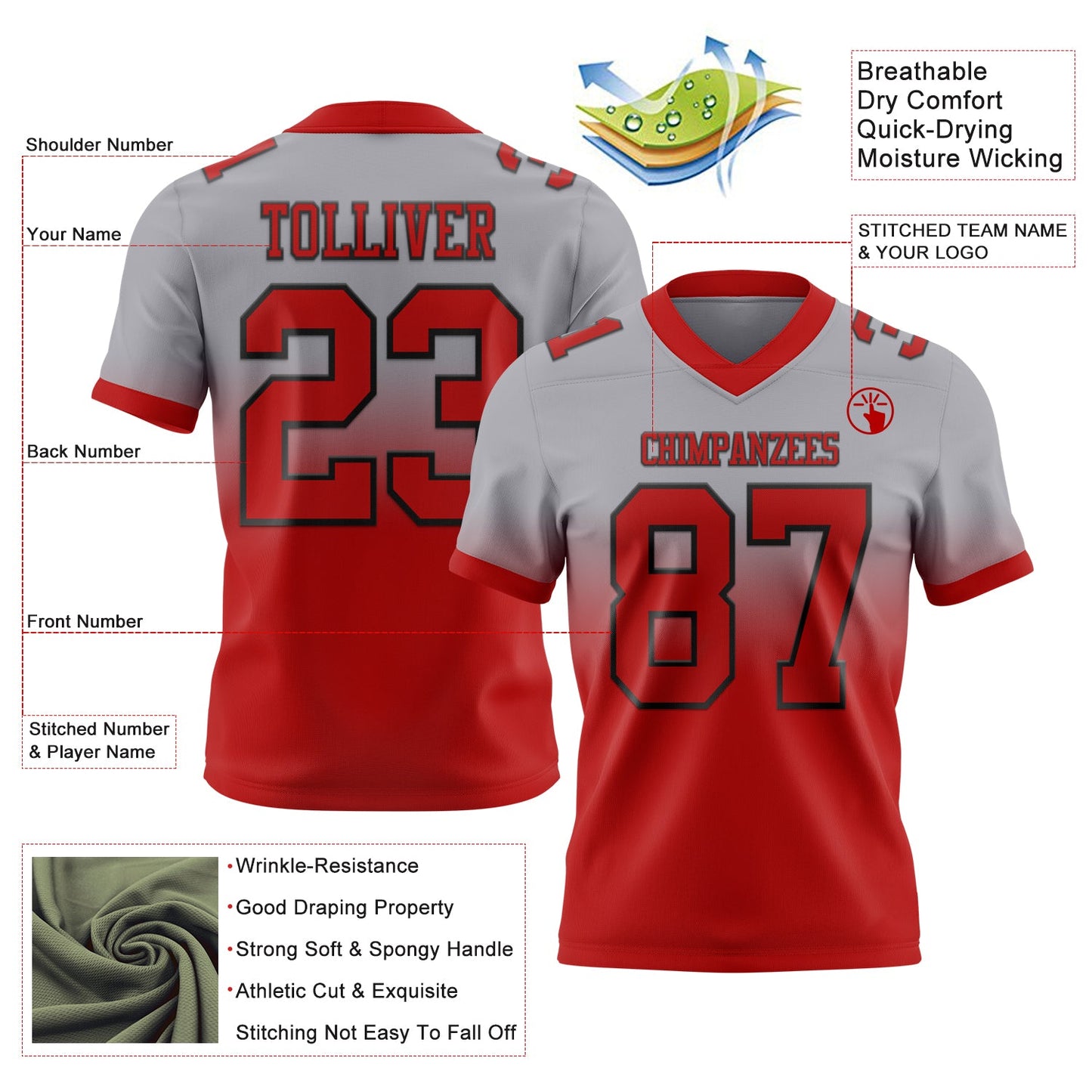 Custom Gray Red-Black Mesh Authentic Fade Fashion Football Jersey