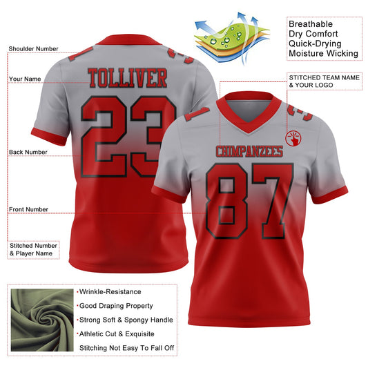 Custom Gray Red-Black Mesh Authentic Fade Fashion Football Jersey