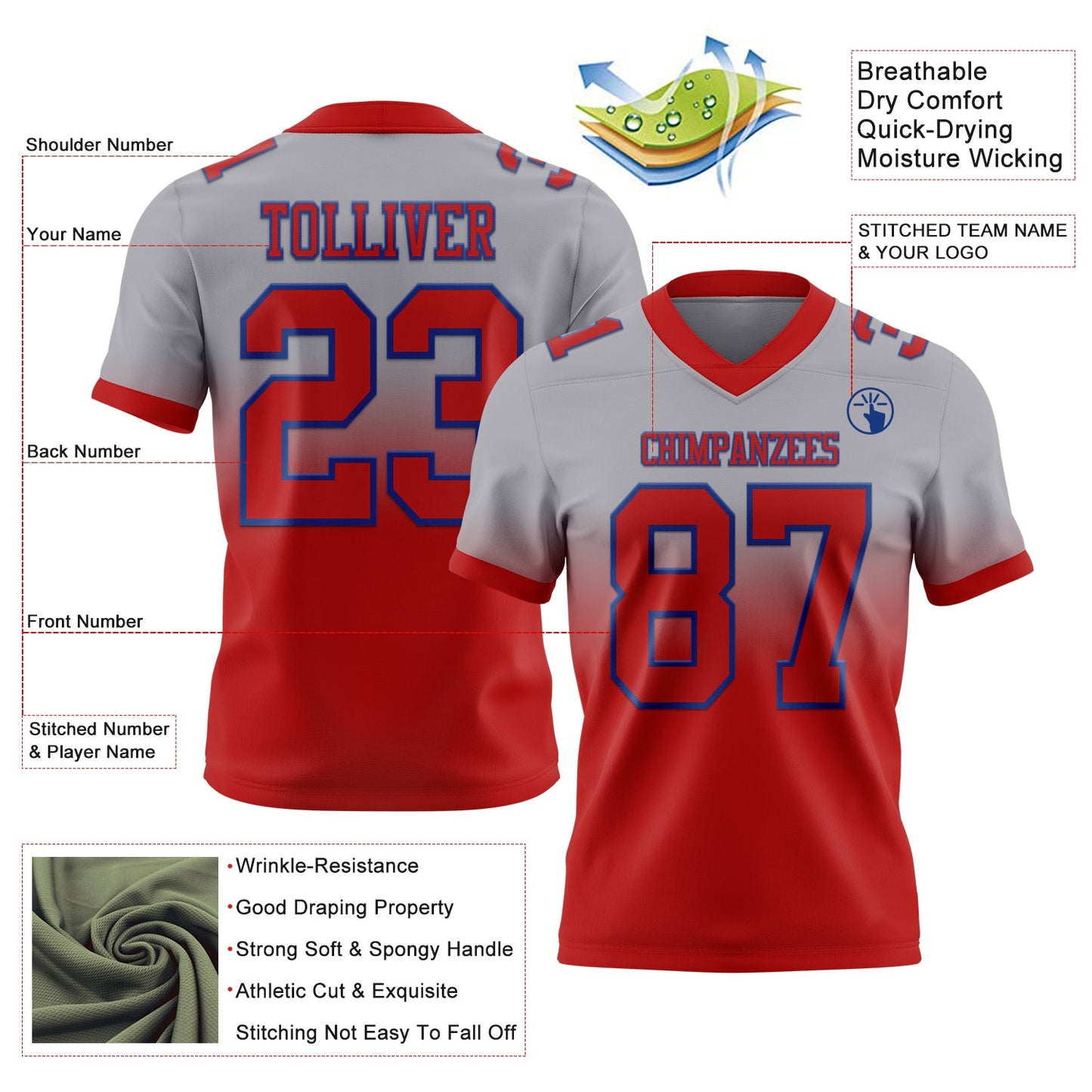 Custom Gray Red-Royal Mesh Authentic Fade Fashion Football Jersey
