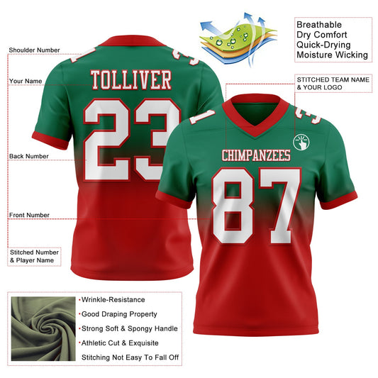 Custom Kelly Green White-Red Mesh Authentic Fade Fashion Football Jersey