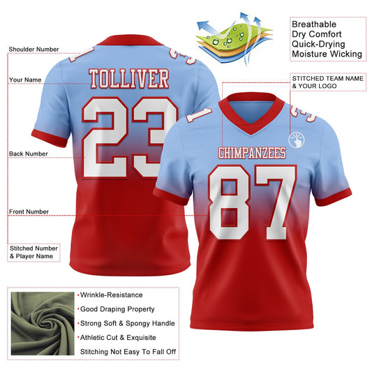 Custom Light Blue White-Red Mesh Authentic Fade Fashion Football Jersey