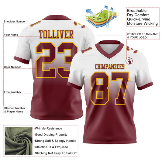 Custom White Burgundy-Gold Mesh Authentic Fade Fashion Football Jersey