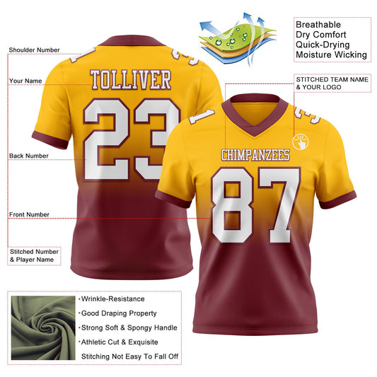Custom Gold White-Burgundy Mesh Authentic Fade Fashion Football Jersey