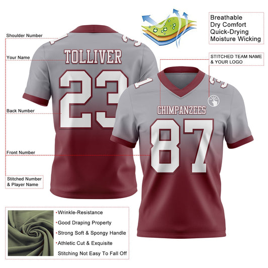 Custom Gray White-Burgundy Mesh Authentic Fade Fashion Football Jersey