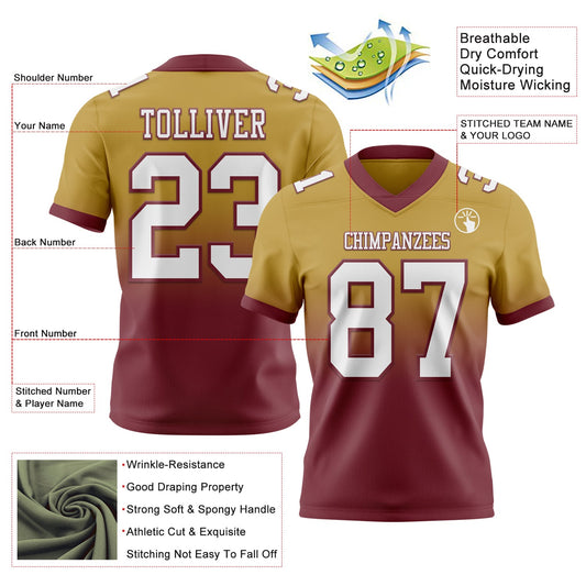 Custom Old Gold White-Burgundy Mesh Authentic Fade Fashion Football Jersey