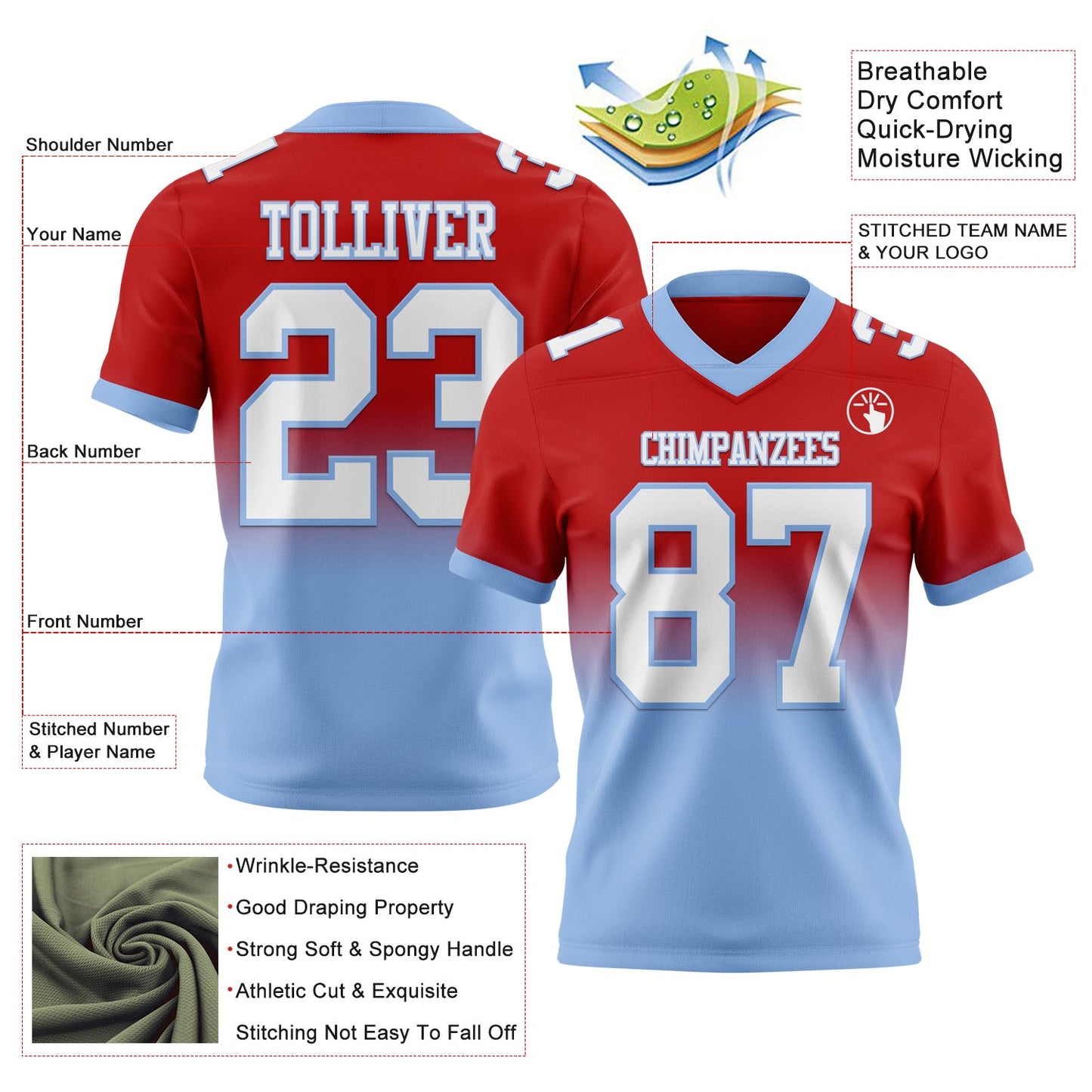 Custom Red White-Light Blue Mesh Authentic Fade Fashion Football Jersey