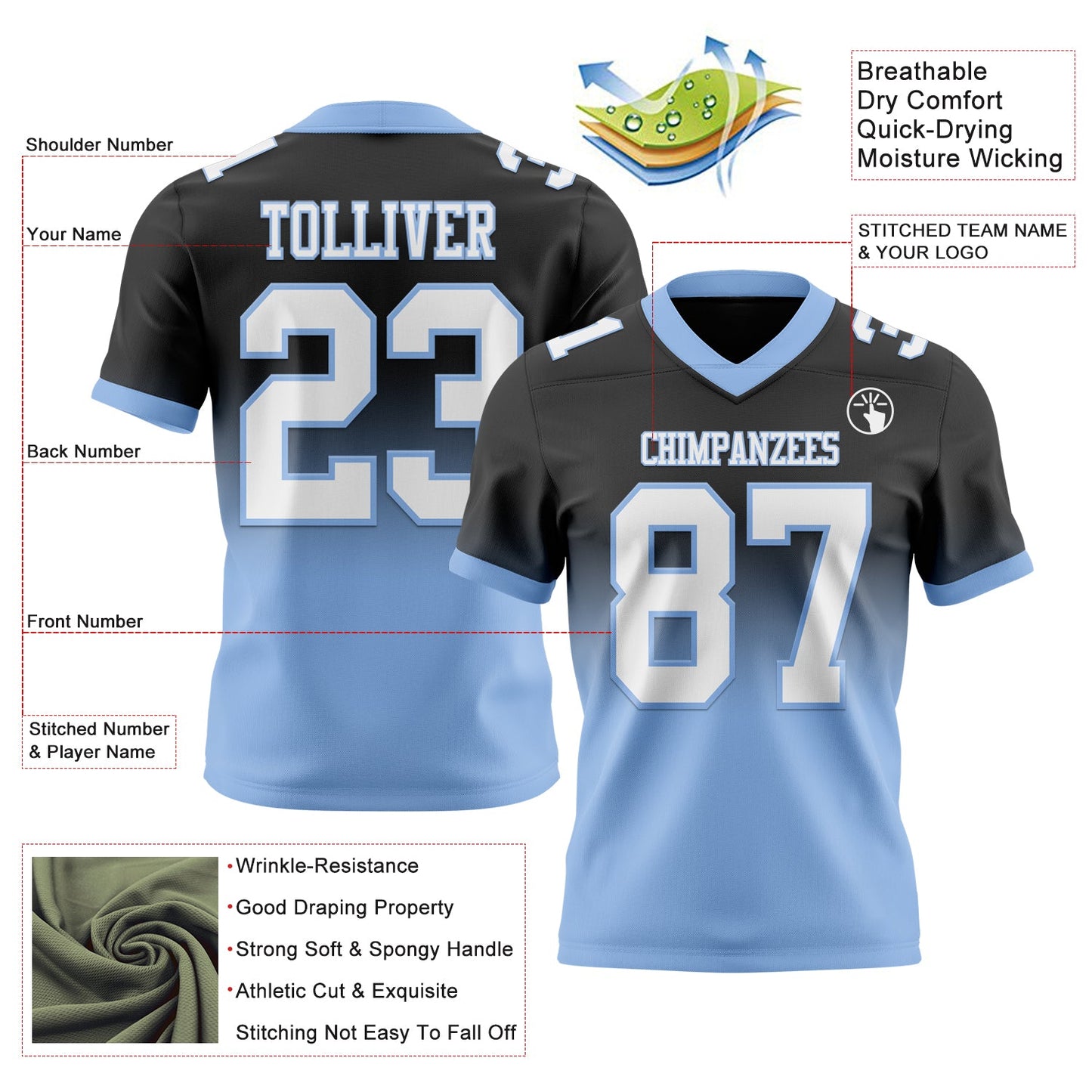 Custom Black White-Light Blue Mesh Authentic Fade Fashion Football Jersey