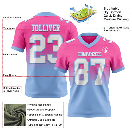 Custom Pink White-Light Blue Mesh Authentic Fade Fashion Football Jersey