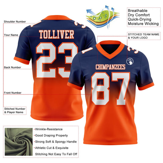 Custom Navy White-Orange Mesh Authentic Fade Fashion Football Jersey