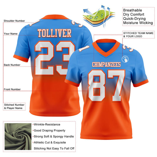 Custom Powder Blue White-Orange Mesh Authentic Fade Fashion Football Jersey
