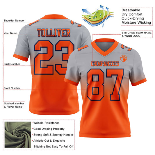 Custom Gray Orange-Navy Mesh Authentic Fade Fashion Football Jersey