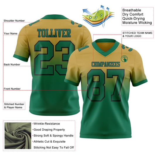 Custom Old Gold Kelly Green-Black Mesh Authentic Fade Fashion Football Jersey