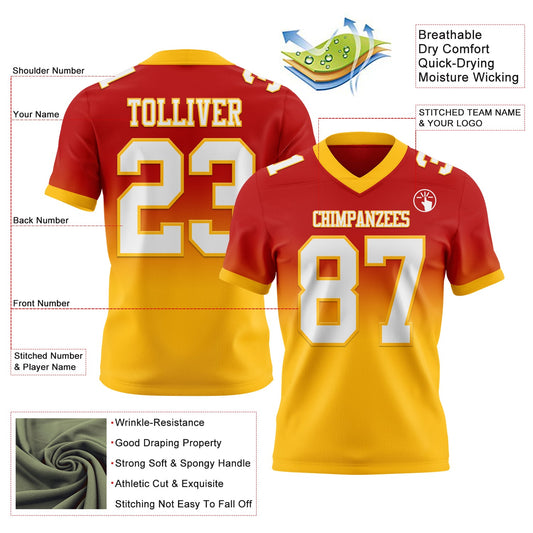 Custom Red White-Gold Mesh Authentic Fade Fashion Football Jersey