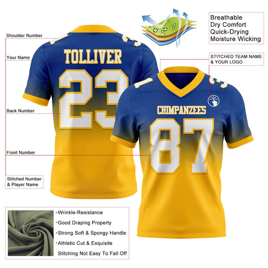 Custom Royal White-Gold Mesh Authentic Fade Fashion Football Jersey
