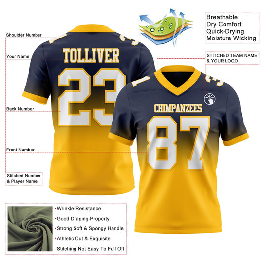 Custom Navy White-Gold Mesh Authentic Fade Fashion Football Jersey