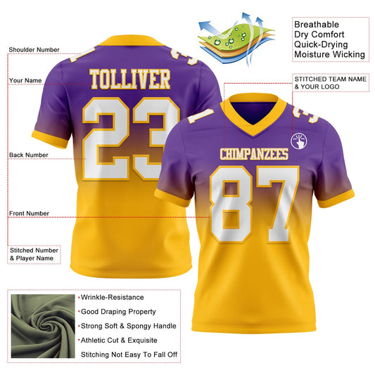Custom Purple White-Gold Mesh Authentic Fade Fashion Football Jersey
