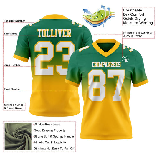 Custom Kelly Green White-Gold Mesh Authentic Fade Fashion Football Jersey