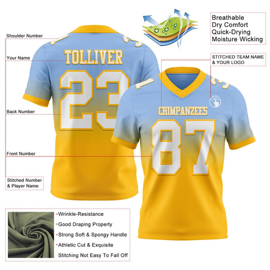 Custom Light Blue White-Gold Mesh Authentic Fade Fashion Football Jersey