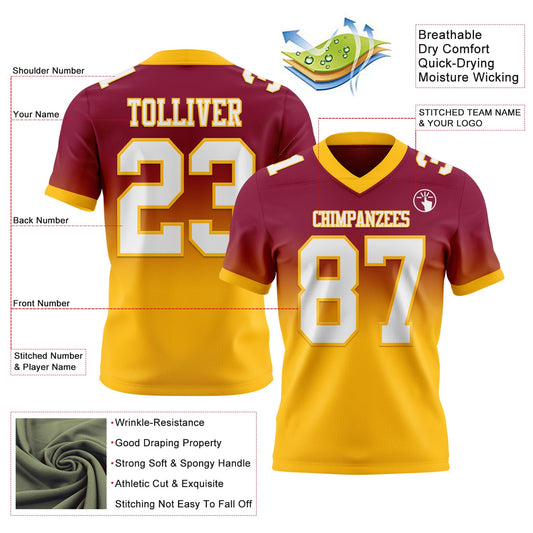 Custom Maroon White-Gold Mesh Authentic Fade Fashion Football Jersey