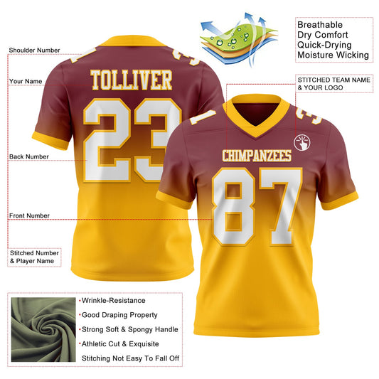Custom Burgundy White-Gold Mesh Authentic Fade Fashion Football Jersey