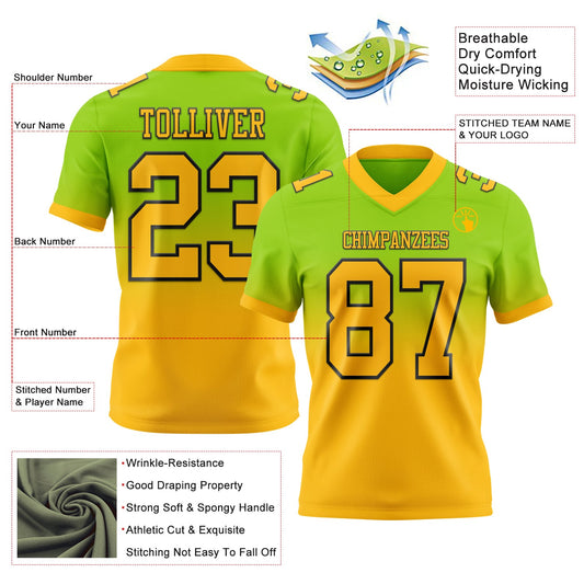 Custom Neon Green Gold-Black Mesh Authentic Fade Fashion Football Jersey
